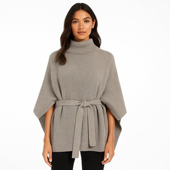 MaxMara Leisure Fulmine Belted Ribbed Wool Poncho Sweater Grey - Picture 1 of 13